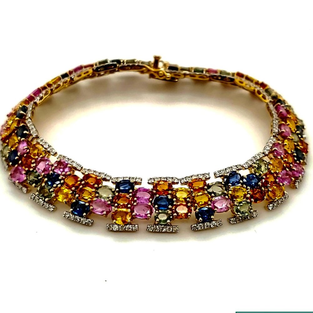 SOLD 14K Gold Multi Color Natural Sapphire & Diamond Bracelet: TCW S: 25.54 SOLD